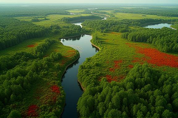 Luftbild eines Auwaldes mit farblich markierten Bereichen, die invasive Pflanzen zeigen.