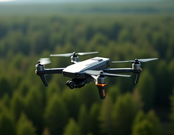 Eine spezialisierte Drohne mit LiDAR-Sensor im Flug über einem Wald.