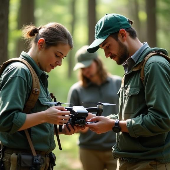 Das Team von Emerald Pathways bei der Feldarbeit, das eine Drohne für die Waldanalyse vorbereitet.